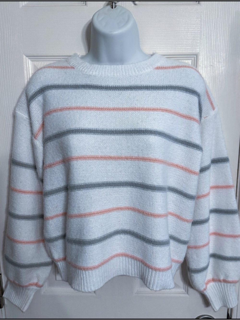 SHEIN White Knit Sweater with Gray and Peach Stripes S